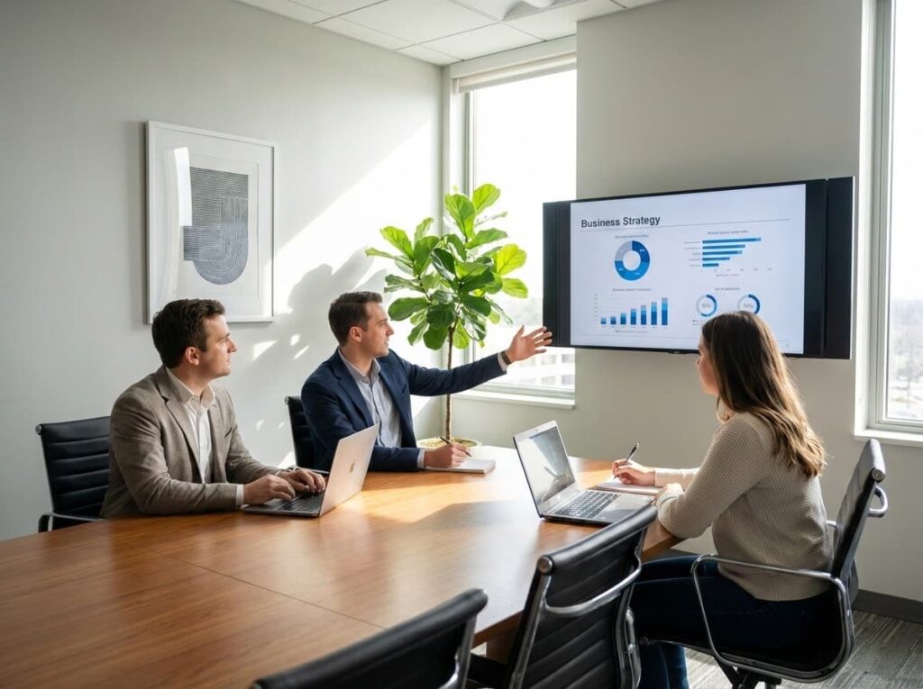 HERO obrázek pro web development4project, který ukazuje skupinu 3 lidi (firma a klient), jak jim specialisté radí s marketingem.