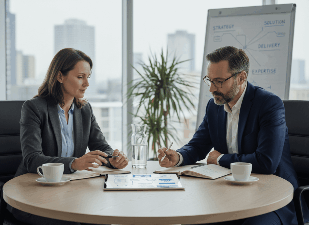 Obrázek pro web development4project, který ukazuje skupinu 2 lidi (firma a klient), který klientovi pomáhá. Prezentuje naše zkušenosti.