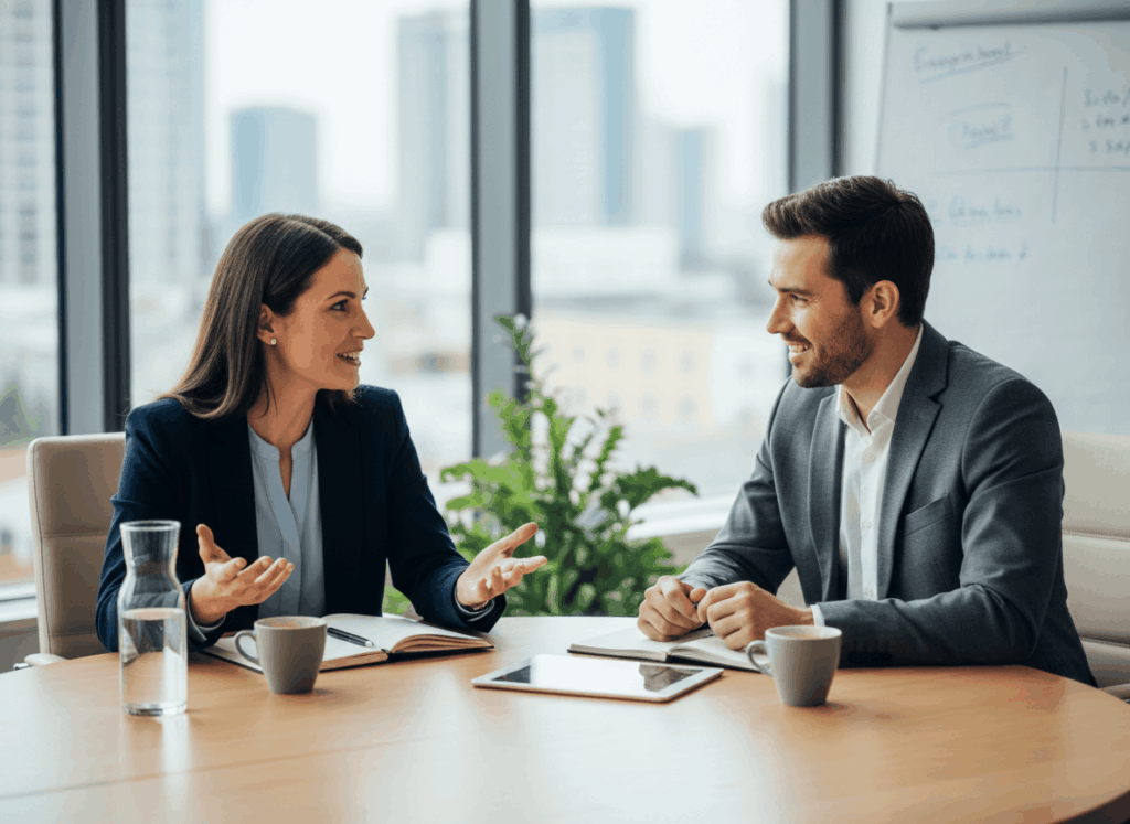 Obrázek pro web development4project, který ukazuje skupinu 2 lidi (firma a klient), který klientovi pomáhá. Prezentuje proč právě my.